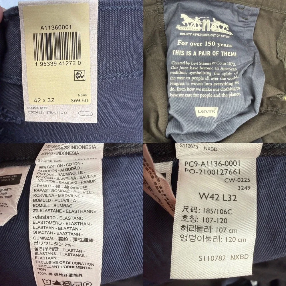 Levis 565 Workwear Loose Straight Utility Pants Black Canvas Mens 42x32 New
